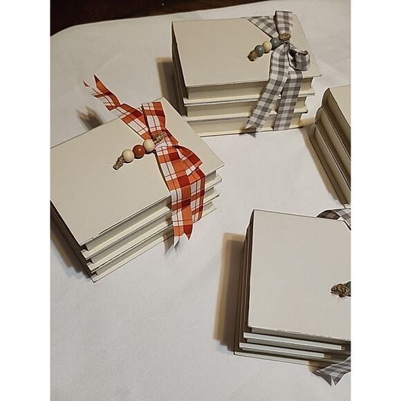 Set of 4 Stacked Faux Book Farmhouse Fall Decor Ribbon Wrapped Beads 5.75x4x3" - Picture 7 of 7
